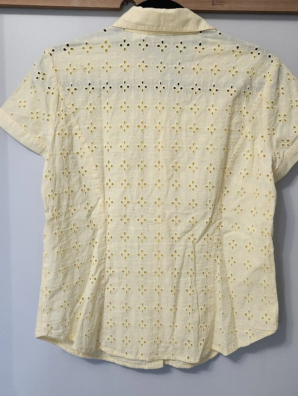 Yellow Eyelet 100% Cotton Short Sleeve Button Up Shirt Lined Floral Embroidered